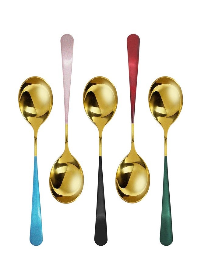Mockery Soup Spoons, Stainless Steel Gold Colorful Round Head Table Spoons for Soup, 5 Piece Soup Spoons Set for Dinner Soup Cereal Dessert Fruit Dishwasher Safe - Image 1